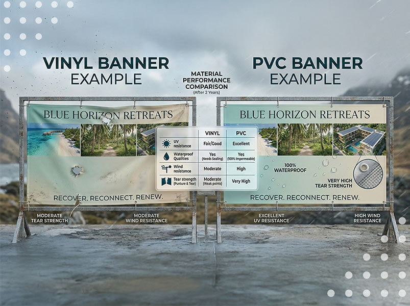 Vinyl vs. PVC banners weather resistance comparison infographic