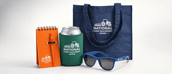 Branded merchandise: notebook, can cooler, tote bag and sunglasses